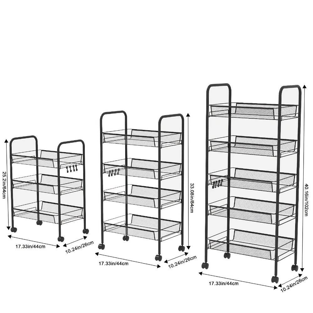3/4/5-Tier Metal Rolling Storage Cart with Hooks & Mesh Baskets – 360° Swivel Wheels Kitchen Trolley for Narrow Gaps, Bathroom, Office & Garage