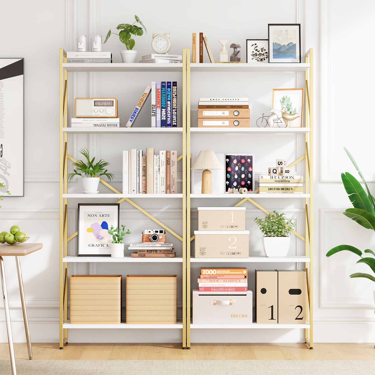 JY QAQA 5 Tiers Bookshelf, Classically Tall Bookcase Shelf, Industrial Book Rack, Modern Book Holder In Bedroom/ Living Room/ Home/ Office, White & Golden