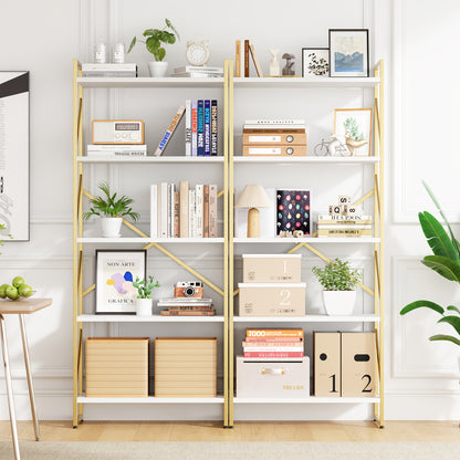 JY QAQA 5 Tiers Bookshelf, Classically Tall Bookcase Shelf, Industrial Book Rack, Modern Book Holder In Bedroom/ Living Room/ Home/ Office, White & Golden