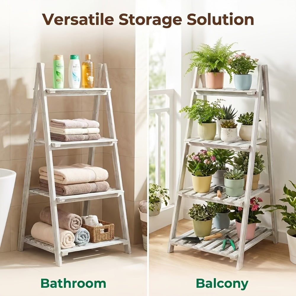 4-Tier Ladder Shelf, Wooden Plant Shelves, Ladder Bookshelf, Rustic Flower Display Rack, Wooden Display Shelves Plant Stand, Indoor Ladder Shelf For Living Room, Office, Bedroom