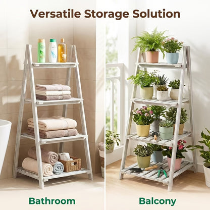4-Tier Ladder Shelf, Wooden Plant Shelves, Ladder Bookshelf, Rustic Flower Display Rack, Wooden Display Shelves Plant Stand, Indoor Ladder Shelf For Living Room, Office, Bedroom