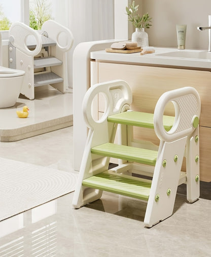 Kids Step Stool for Bathroom Sink & Toilet Potty Training, Adjustable 3-Step Toddler Stool with Handles & Non-Slip Surface, Learning Helper Tower for Kitchen Counter, Grey Coffee Green