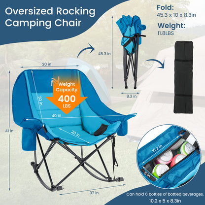 Oversized Rocking Camping Chair, Fully Padded Patio Chair with Cooler Bag and Side Pocket, High Back Portable Lawn Recliner Rocker Chairs for Camp, Patio, Supports 400 lbs