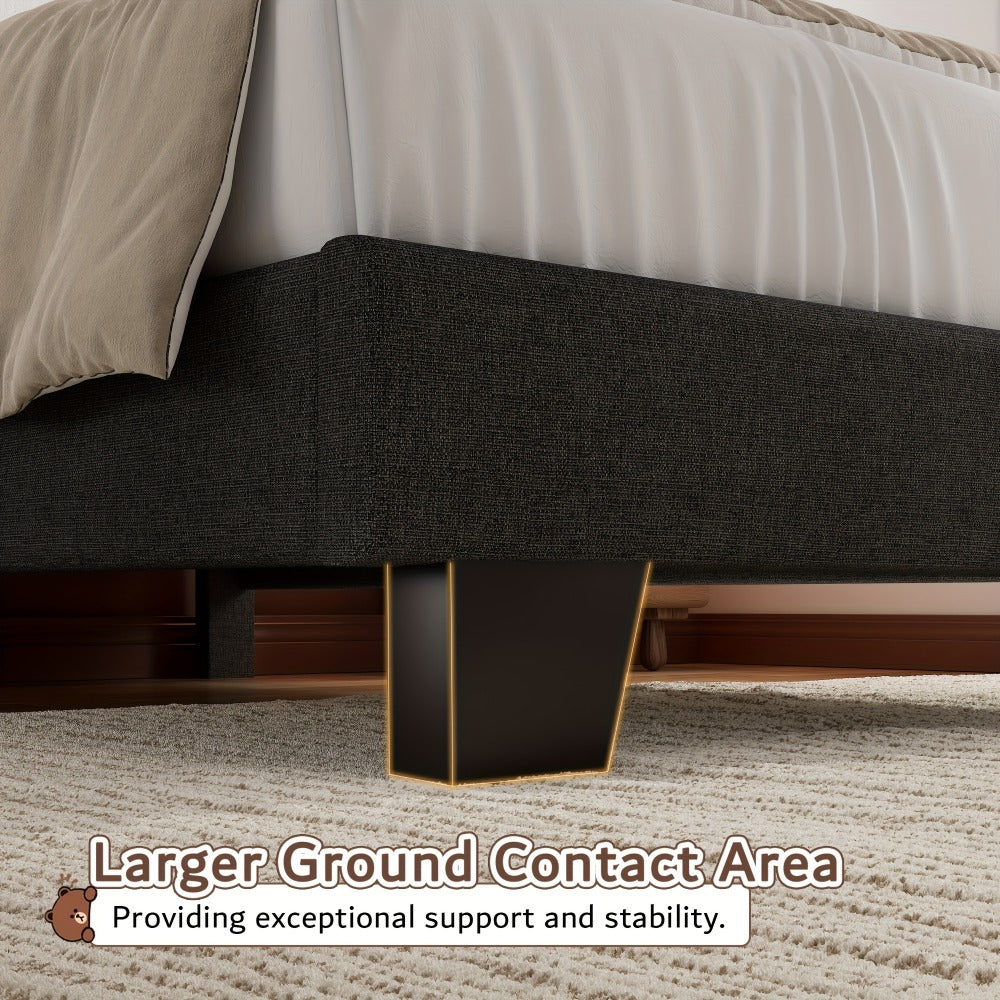 Platform Bed Frame with 21 Inch Soft Padded Headboard Striped or Button Tufted Solid Wood Slats Art Legs Twin Full Queen Black Linen Dark Grey White Velvet