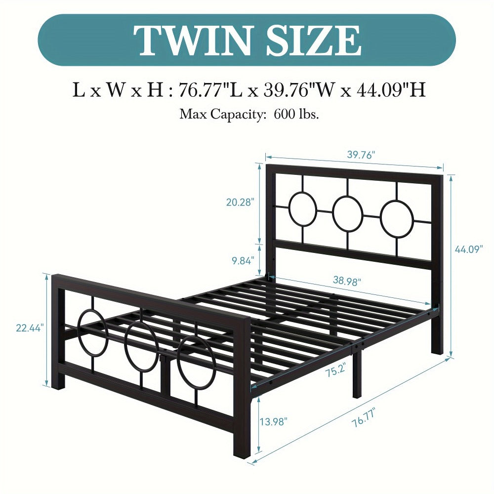 Metal Platform Bed Frame with Vintage Circular Design Headboard and Footboard Under Bed Storage No Box Spring Twin Full Queen King Black Brown