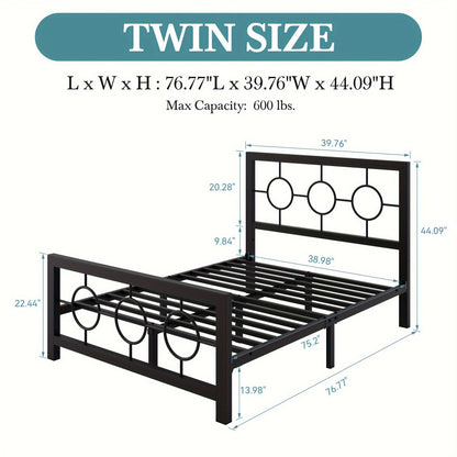 Metal Platform Bed Frame with Vintage Circular Design Headboard and Footboard Under Bed Storage No Box Spring Twin Full Queen King Black Brown