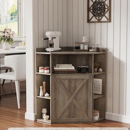 Modern Rustic Corner Cabinet with USB Ports & Outlets - /Particle Board Suitable for Small Spaces, 6-Cubby Bookshelf Storage Shelf with Stations, -Standing Organizer for Home Office,, Living Room (Assembly Required)