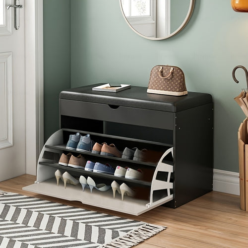 Shoe Bench with Flip-Drawer And Cushion, Freestanding Shoe Rack for Entryway