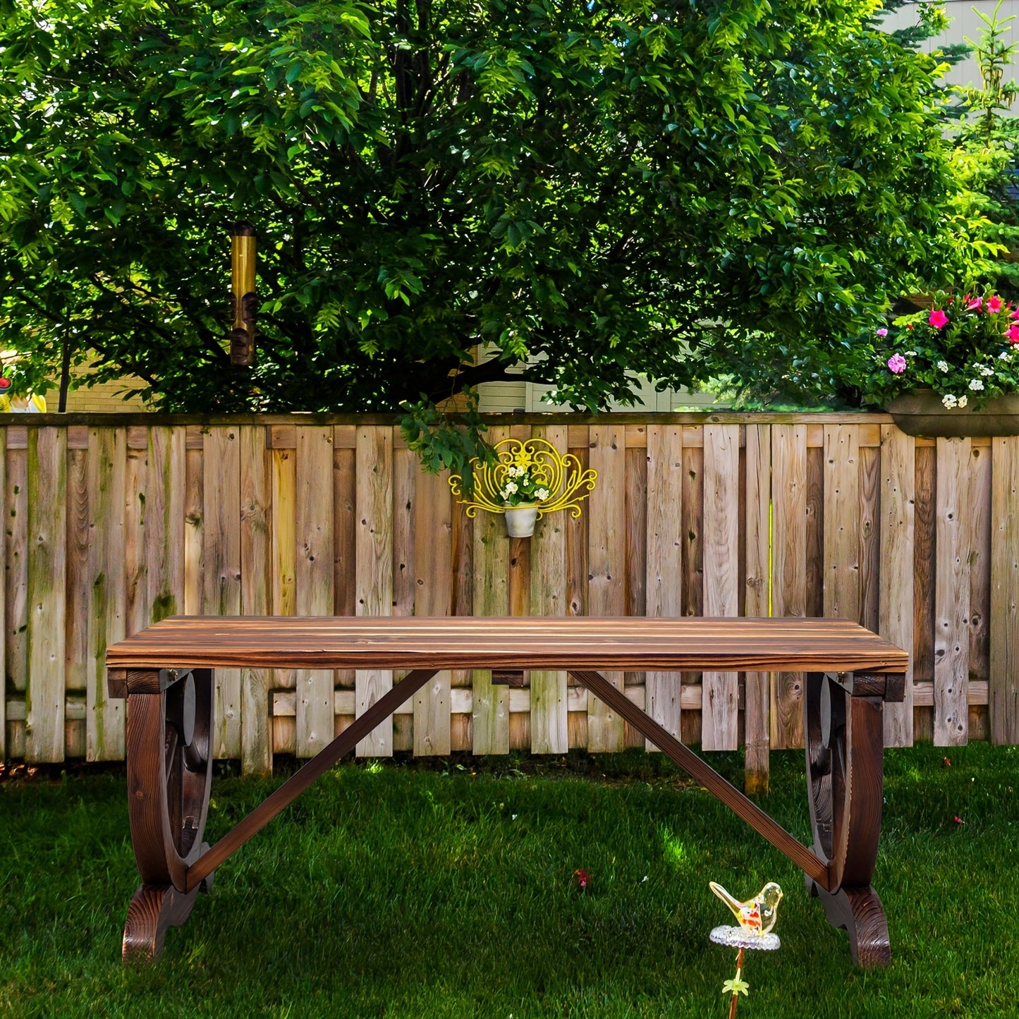 38.5In Wood Bench with Wooden Wheel Cedar Carbide Color