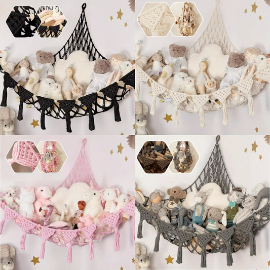 Four-Color Illuminated Animal Plush Storage Net, Comes with Three Hooks for Easy And Simple Installation, Sturdy And Durable, with Heart-Shaped Tassels for Multi-Purpose Storage. Suitable for Living Rooms, Bedrooms, And Bathrooms, And Also Makes