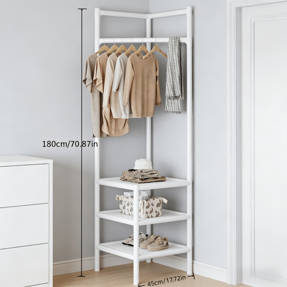 Corner Coat Rack with Shelves & Hanging Rods | Freestanding 2-Tier or 3-Tier Corner Clothes Hanger, Multi-Functional Storage Rack for Entryway, Bedroom, Bathroom | White or Black