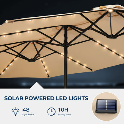 15 Ft Solar LED Patio Umbrella Double Sided with Base 48 LED Lights UPF50+ UV Protection 12-Rib Crank Handle for Lawn Garden Deck Pool 5 Colors