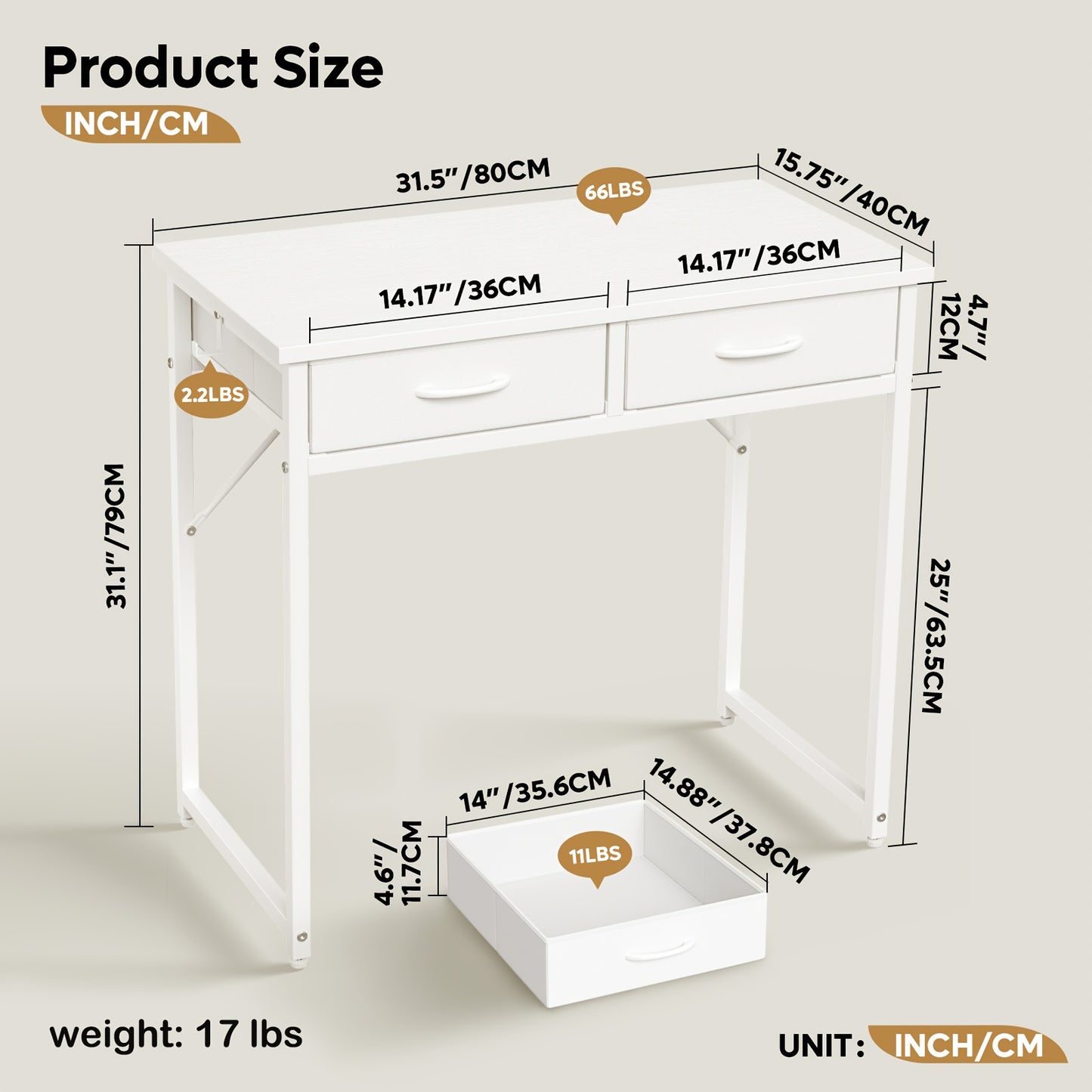 Vanity Small Desk with Light - Fiber Drawers & Adjustable, Easy Assembly, Laptop In Home, Study Or Work, Adjustable