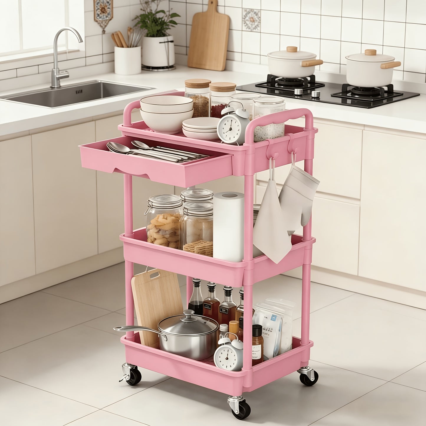 3/ 4 Tier Rolling Utility Cart with Drawer - Multifunctional Storage Organizer with Lockable Wheels&Plastic Shelves for Kitchen, Bathroom, Office, Living Room-Ideal for Industrial & Scientific Material Handling Solutions