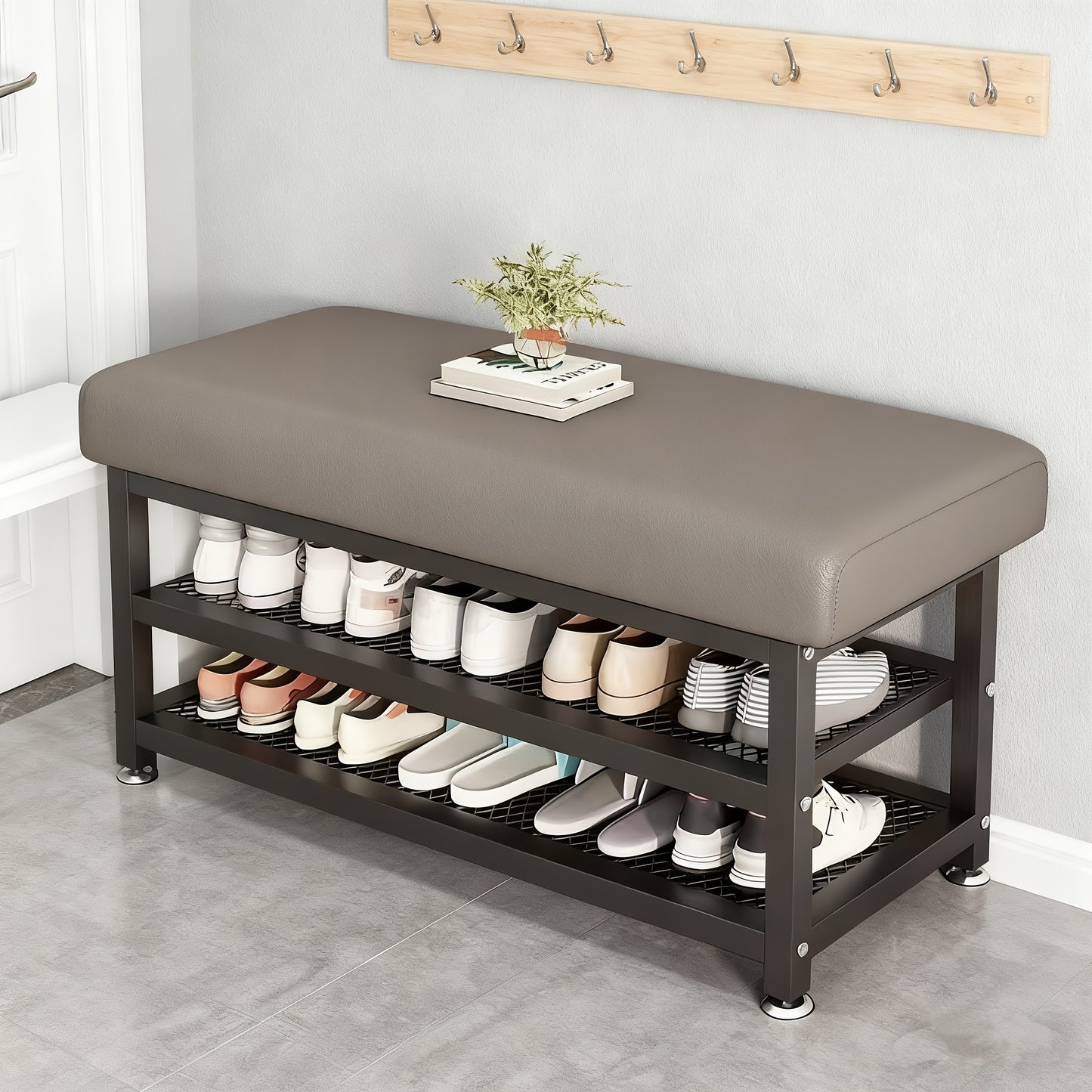 [Soft Cushion Shoe Stool] Modern Shoe Changing Stool with Soft Cushion- Multi Compartment Shoe Storage Organizer, Space Saving Metal Frame Shoe Rack for Bedroom or Foyer, Easy to Install Entrance Passage Storage
