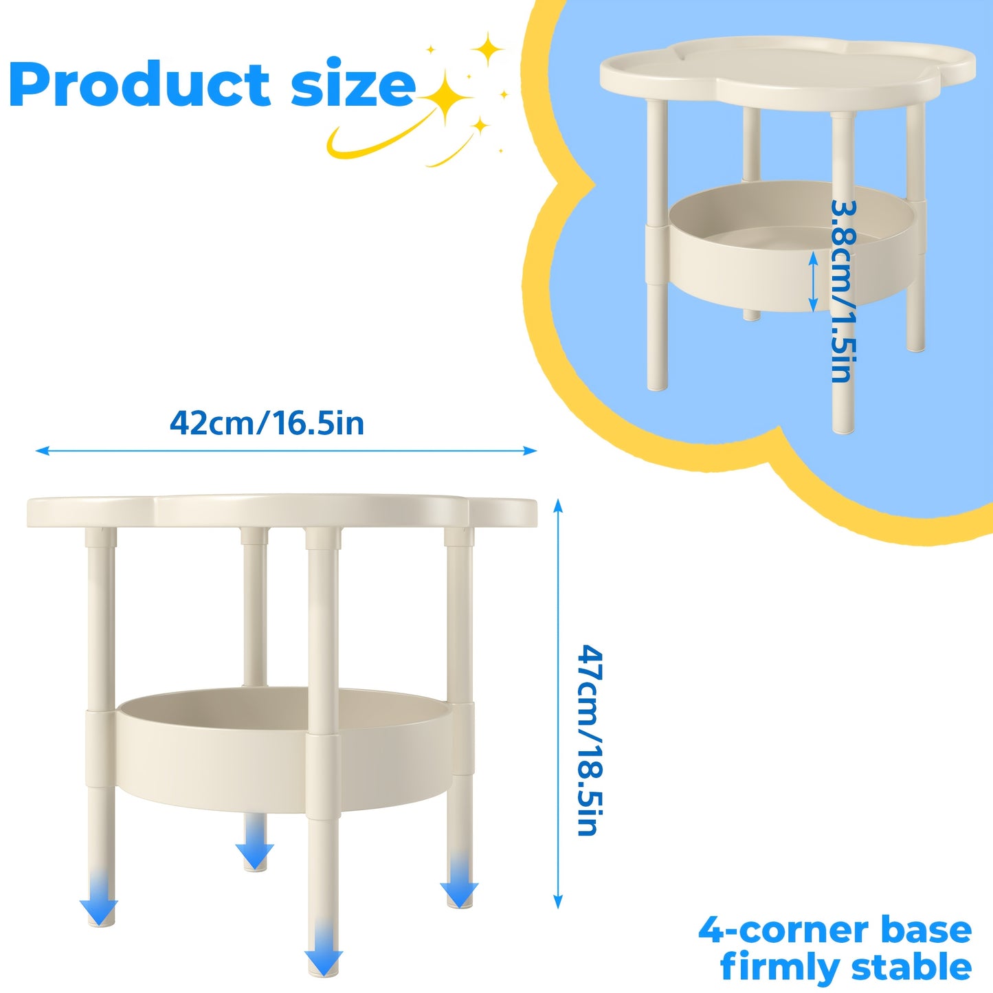 2-Tier Round Flower Shaped Side Table with Lower Shelf - Space-Saving Compact Design for Small Spaces, Easy Assembly Lightweight Durable Plastic Construction, Ideal for Living Room, Bedroom, Office - Ideal Gift for Home Decor