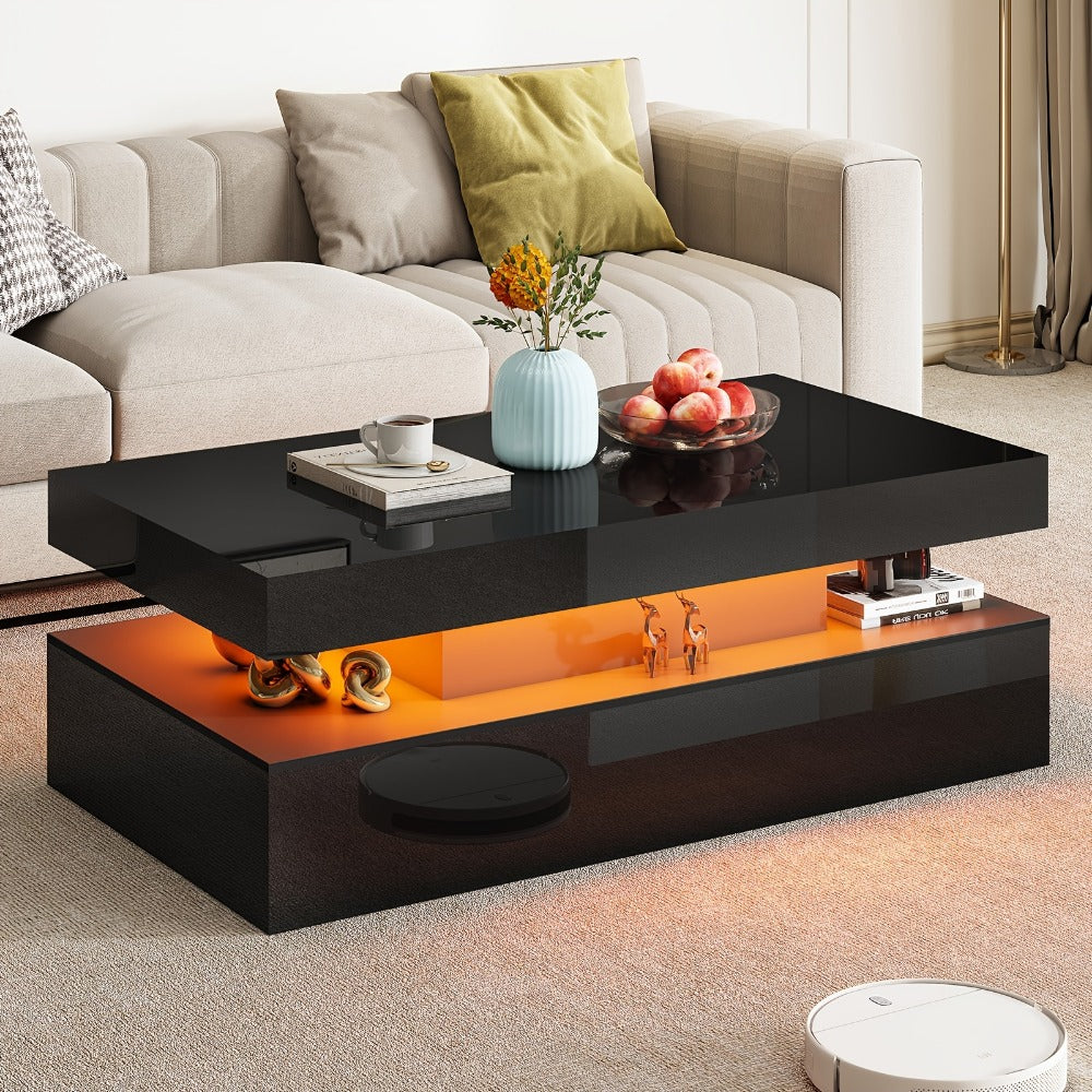 LED Coffee Table 40 Inch High Gloss 2-Tier Center Table with LED Lights & Open Storage – Modern Living Room Table in Black, White & Grey