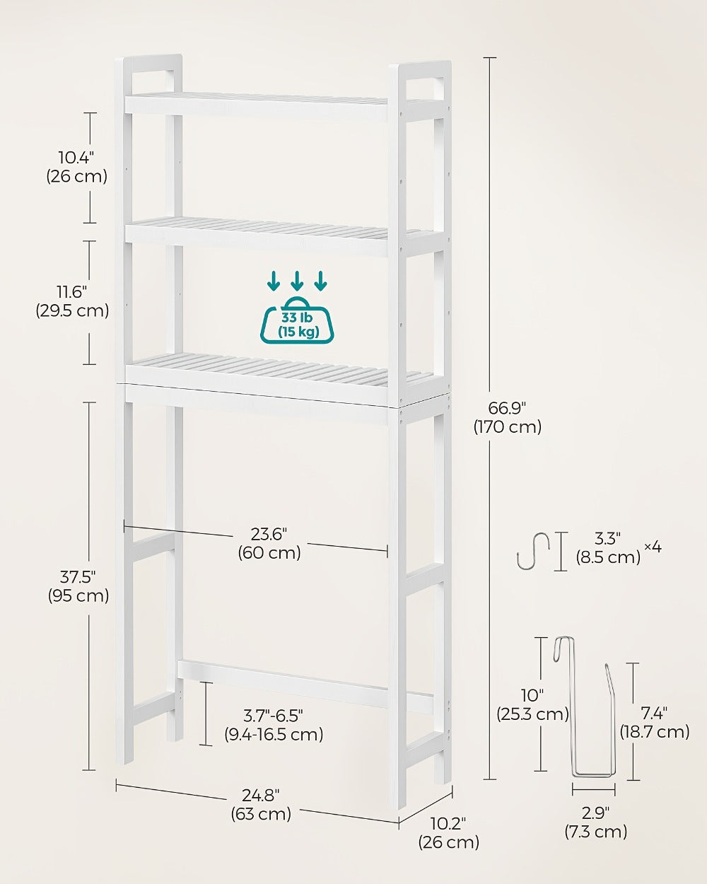 Three-Level Shelf Unit for Above The Toilet - Bathroom Organizer That Resists Rust with Adjustable Shelves | Space-Efficient Storage for Towels, Toilet Paper, And Tissues, Vertical Display for Toiletries & Convenient Access