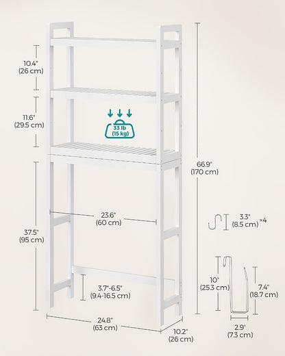 Three-Level Shelf Unit for Above The Toilet - Bathroom Organizer That Resists Rust with Adjustable Shelves | Space-Efficient Storage for Towels, Toilet Paper, And Tissues, Vertical Display for Toiletries & Convenient Access