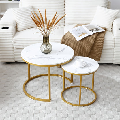 Space Saving Nesting Coffee Table Set Of 2, Modern Faux Marble Round Tables with Golden Frame, Small Apartment Living Room Furniture