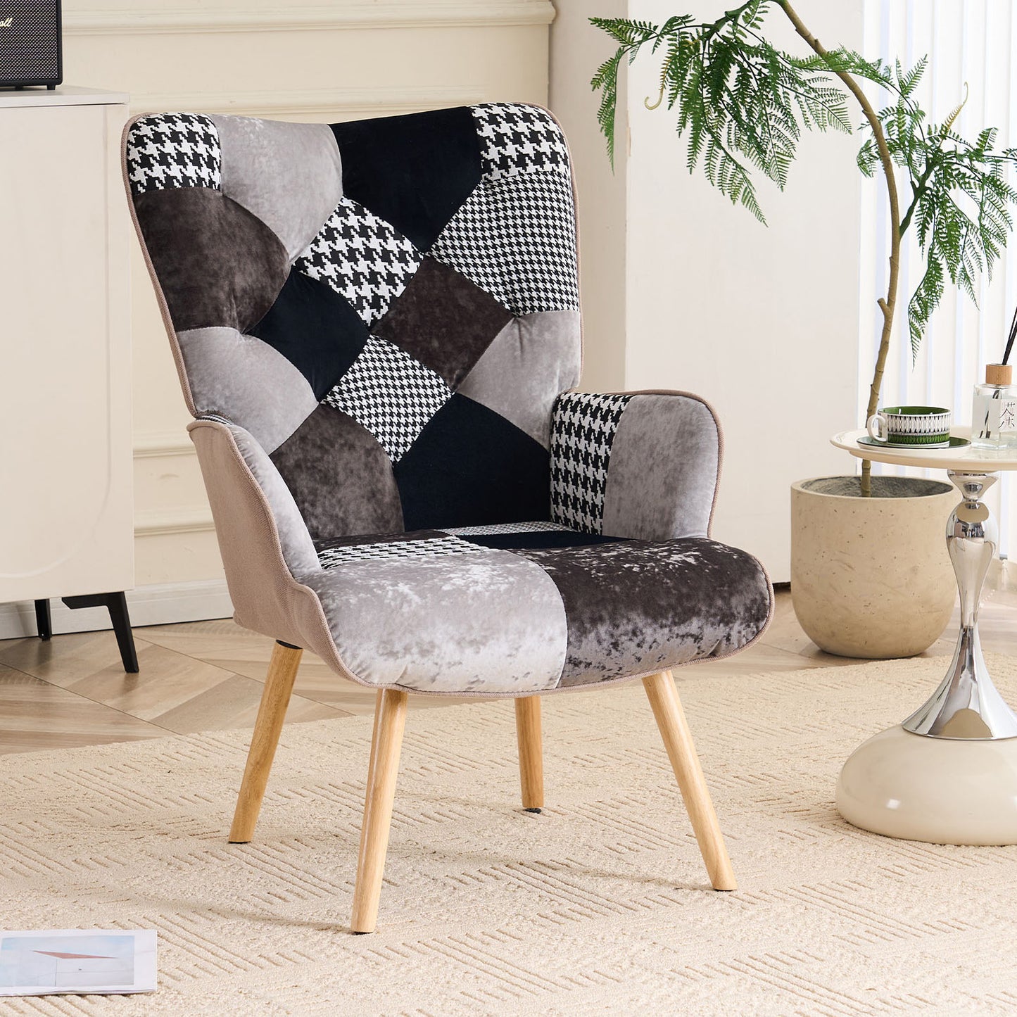 Patchwork Accent Chair High Back Armchair with Memory Foam Cushion & Hardwood Legs – 330 lbs Capacity Linen Upholstered Reading Chair for Living Room Bedroom Home Office, 6 Colors