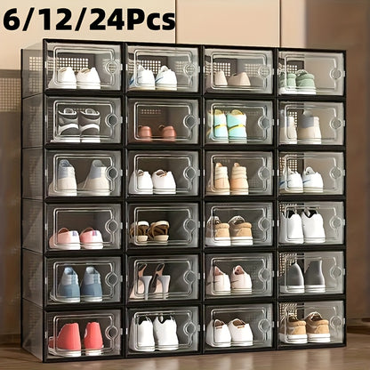 6/12/24 Pack Large Shoe Storage Organizer for Closet, Modular Space Saving Shoe Boxes Clear Plastic Stackable Containers Display Case Bins with Lids, Shoe Rack for Sneaker Storage, White And Black Soceer Shoes
