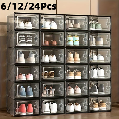 6/12/24 Pack Large Shoe Storage Organizer for Closet, Modular Space Saving Shoe Boxes Clear Plastic Stackable Containers Display Case Bins with Lids, Shoe Rack for Sneaker Storage, White And Black Soceer Shoes