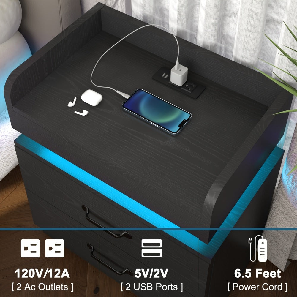 Smart LED Nightstand with Charging Station – Narrow Bedside Table 2 Drawers, Entryway Side Table, Black White, 1pc or 2pcs Set for Bedroom Living Room