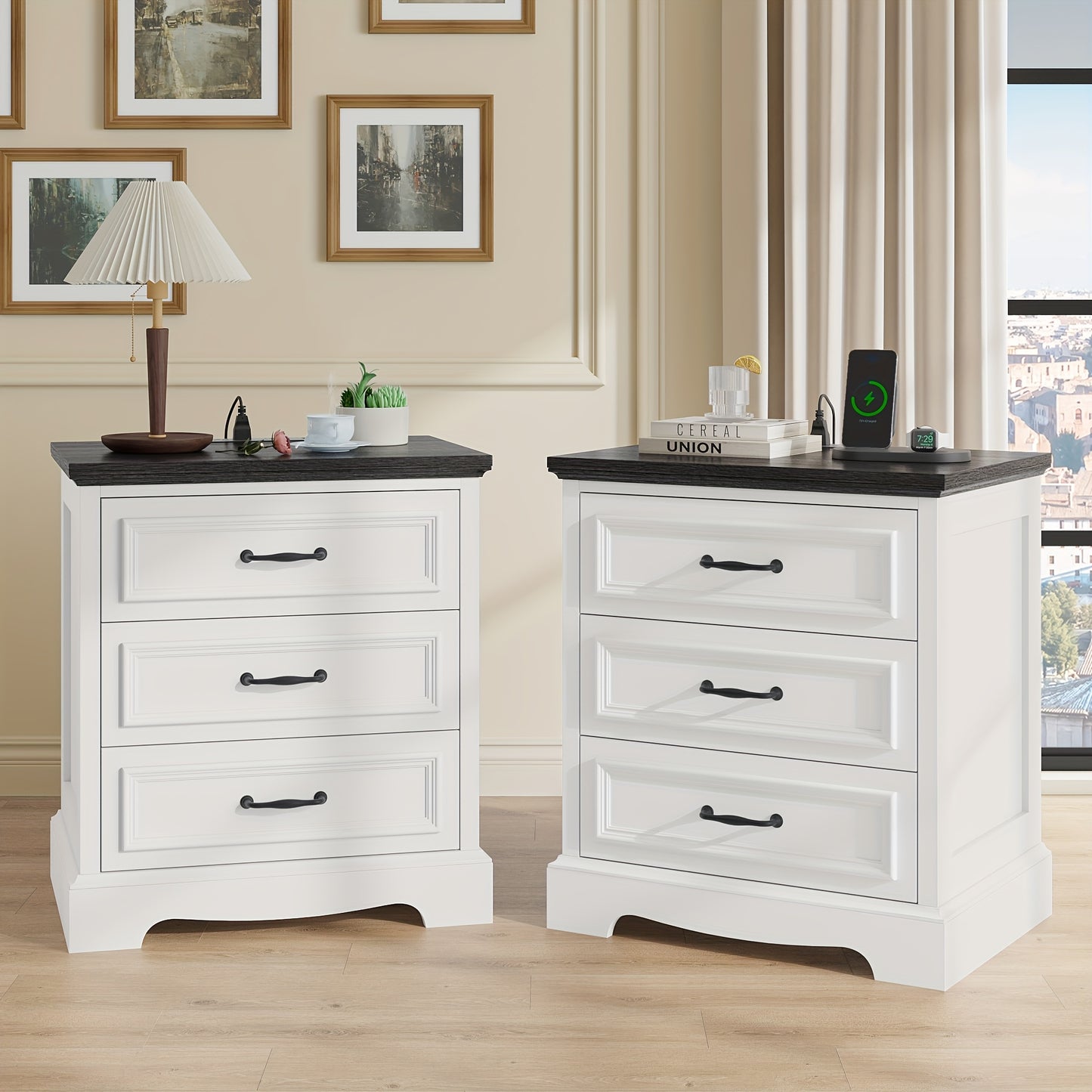 [Nightstand with Charging] Farmhouse Nightstand with Charging Station, White Bedside Table with 3 Drawers, Modern Side End Table for Bedroom, Living Room
