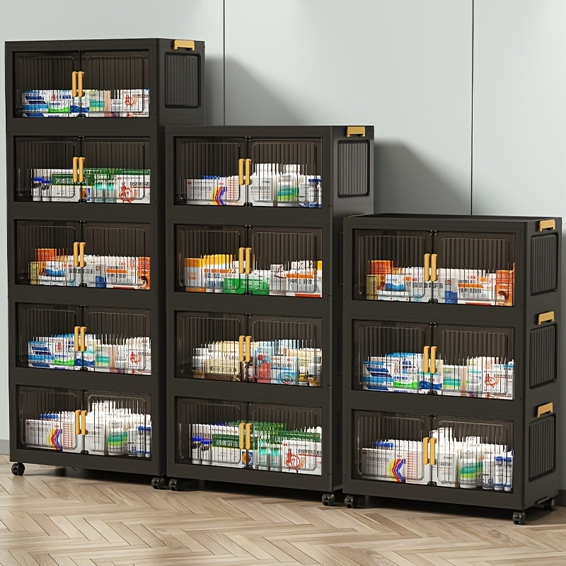 50CM/19.7" Portable Foldable Medicine Cabinet with Lid, 3/4/5/6-Tier Large-Capacity Stackable Black Medicine Box Cabinet with Casters, Multi-Functional Vertical Storage Cabinet, Easy Assembly, for Living Room, Bathroom