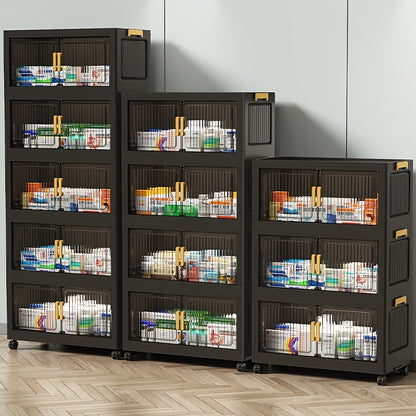 50CM/19.7" Portable Foldable Medicine Cabinet with Lid, 3/4/5/6-Tier Large-Capacity Stackable Black Medicine Box Cabinet with Casters, Multi-Functional Vertical Storage Cabinet, Easy Assembly, for Living Room, Bathroom