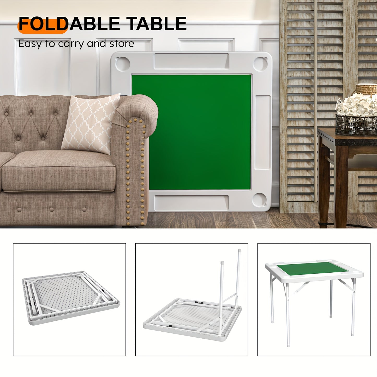 Folding Card Table, Mahjong Table Featuring Green Felt, Suitable for Card Games Like Mahjong, Poker, And Dominoes