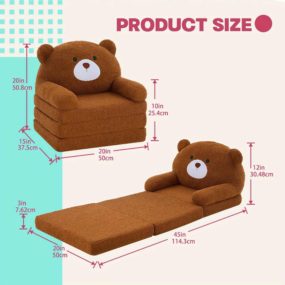 Cute Teddy Bear Kids Foldable Sofa 2-In-1 Fold Out Couch Soft Polar Fleece Chair High-Density Foam PP Cotton Lounger for Playroom Boys Girls Room Decor