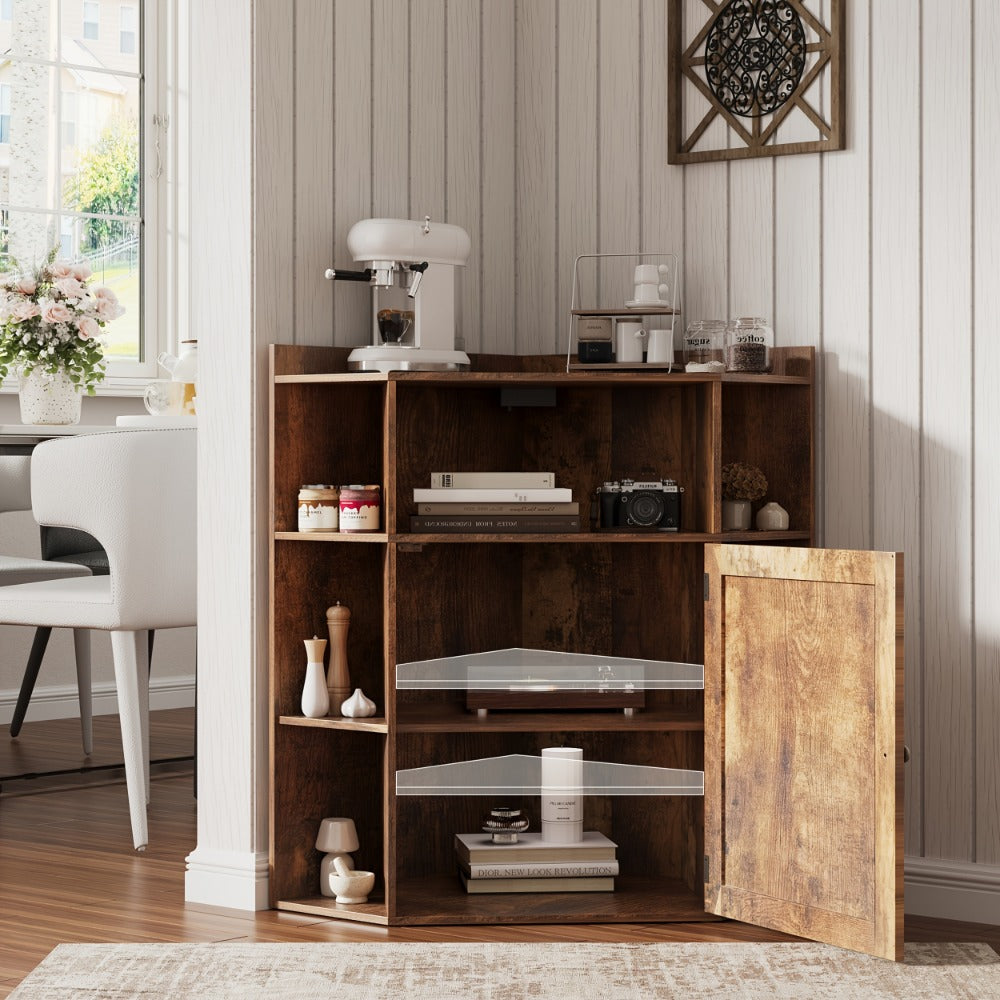Corner Cabinet with USB Ports & Outlets - 6-Cubby Bookshelf Storage Shelf, Modern Rustic Standing Organizer for Home Office & Living Room, Small Space Corner Shelf