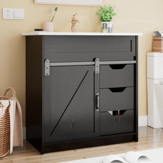30" Cottage Style Bathroom Vanity, Ceramic Undermount Sink, All Solid Wood Bathroom Furniture, 3 Extra Large Capacity Drawers, Sliding Shelf Layout, Classic Metal Track Barn Door, Simple Installation System
