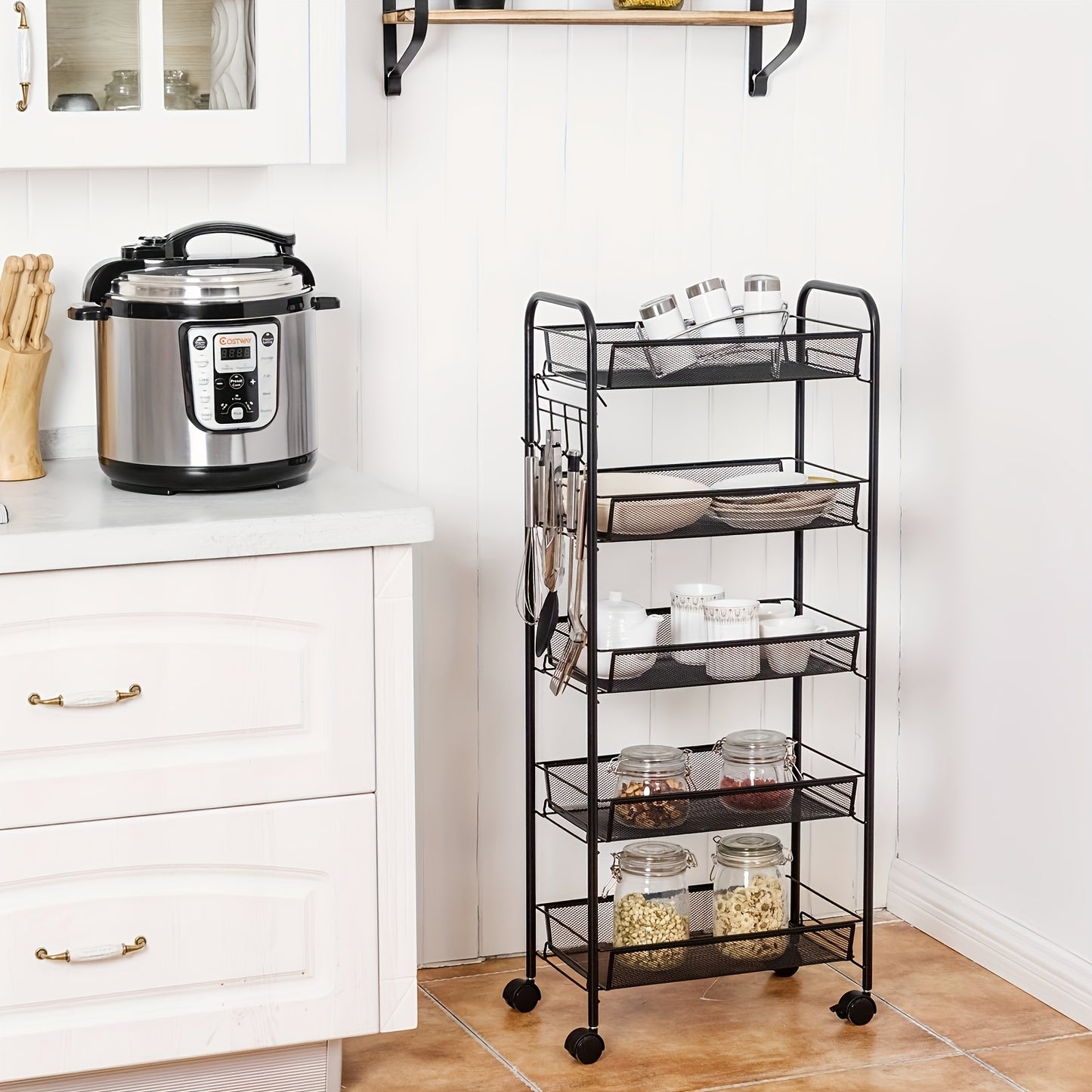 Mobile Metal Storage Shelf - 3/4/5-Tier Metal Kitchen Trolley With Hooks, Rolling Cart With 360° Swivel Wheels, Mesh Basket Layered Organizer For Narrow Gap, Kitchen, Bathroom, Office, Study, Garage, Ideal Storage Cart