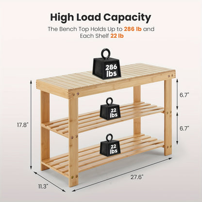3-Tier Bamboo Shoe Rack Bench, Compact Storage Organizer, 286lb Capacity, Suitable For Entryway Bedroom Living Room Balcony, Brown, Wood, Brown And Black Color