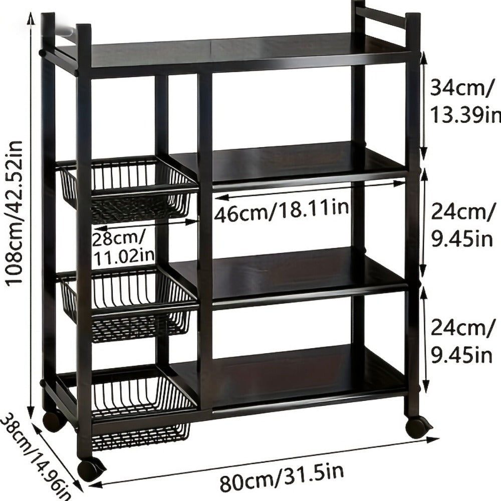 Rolling Metal Storage Rack with Wire Baskets, Adjustable Mobile Kitchen Storage Cart on Wheels, Multifunctional Food & Pantry Organizer for Kitchen, Bathroom & Pantry, Space-Saving Design