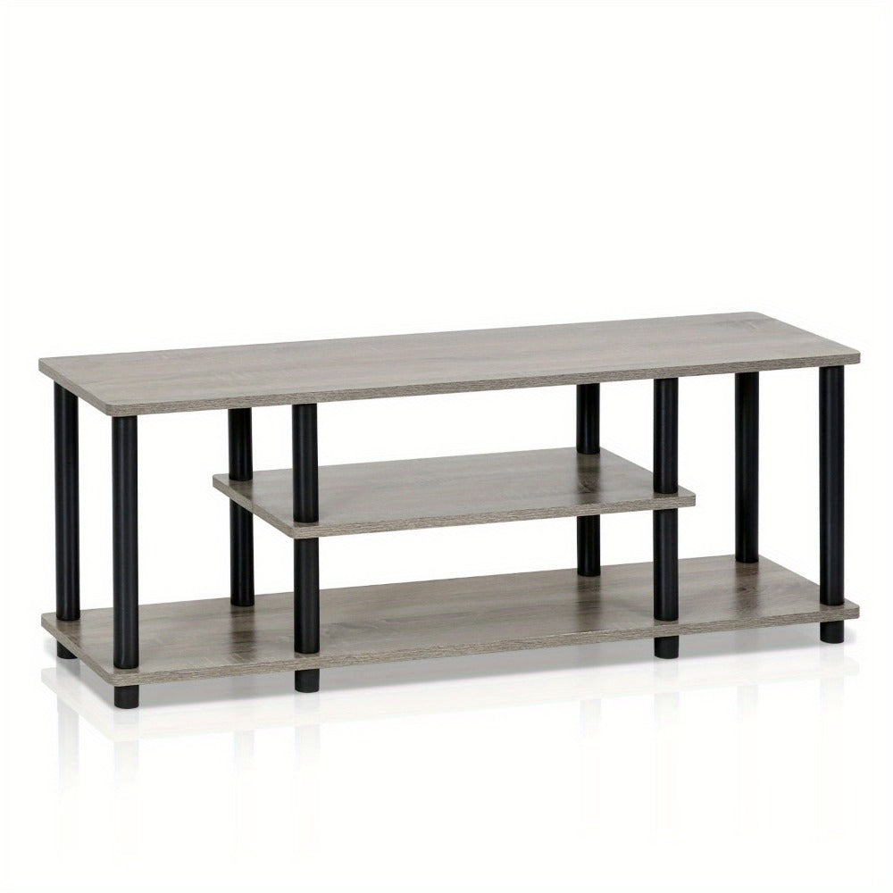 3-Tier TV Stand for 50" TVs No Tools Assembly – Modern Entertainment Center Console Table with Storage Shelves, Round Tube Frame, French Oak & Black