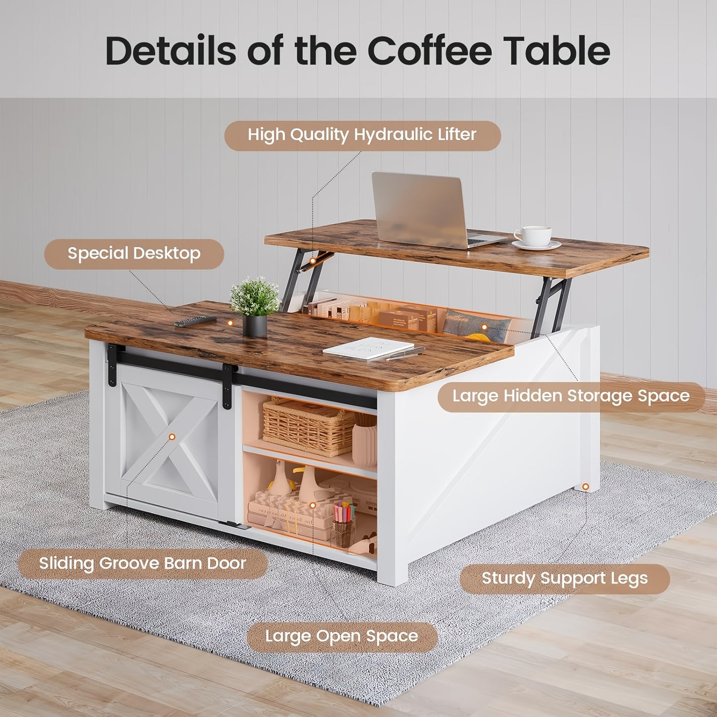 Farmhouse Lift Top Coffee Table with Storage, Square Coffee Table with Large Hidden Storage Compartment And Adjustable Shelves for Living Room, Black/White/Grey/Blue