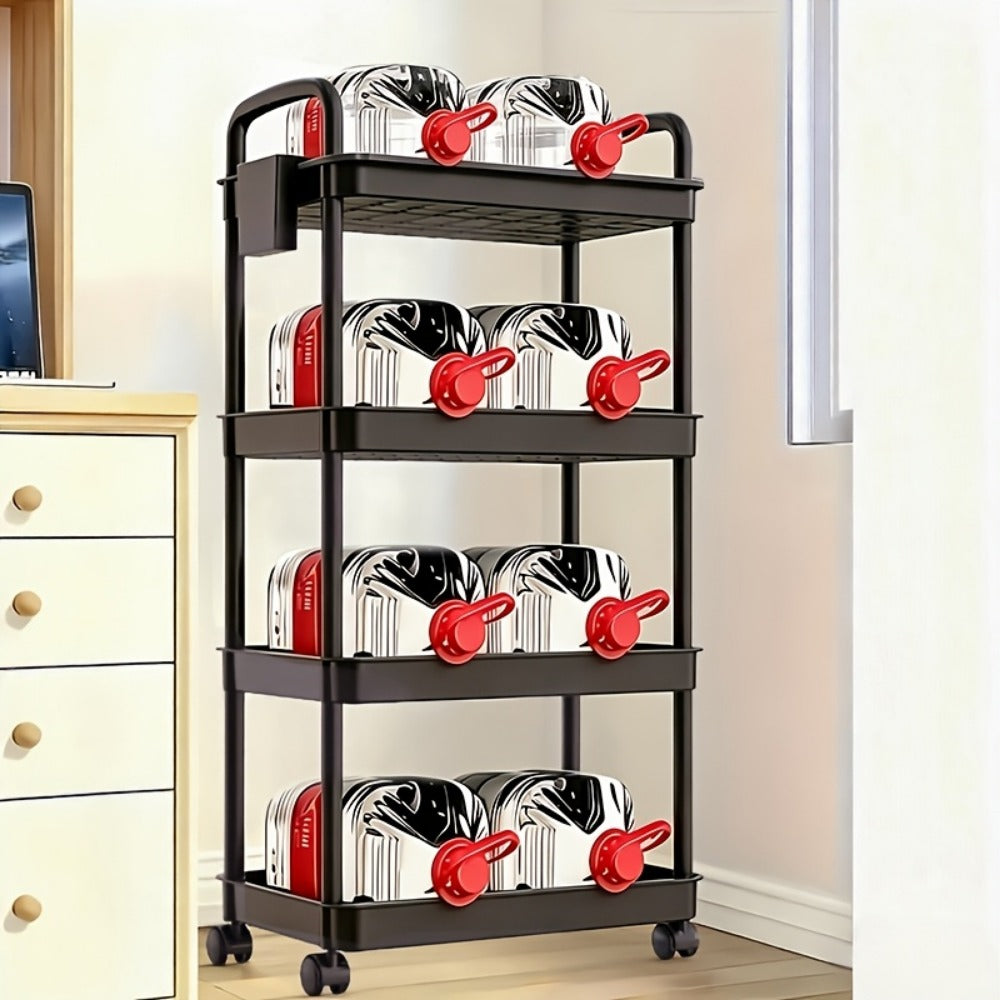 Rolling Utility Cart with Handle & Wheels, 3 4 or 5 Tier Plastic Storage Trolley for Office Kitchen Living Room Bathroom, Movable Multi-Functional Organizer Cart, White & Black