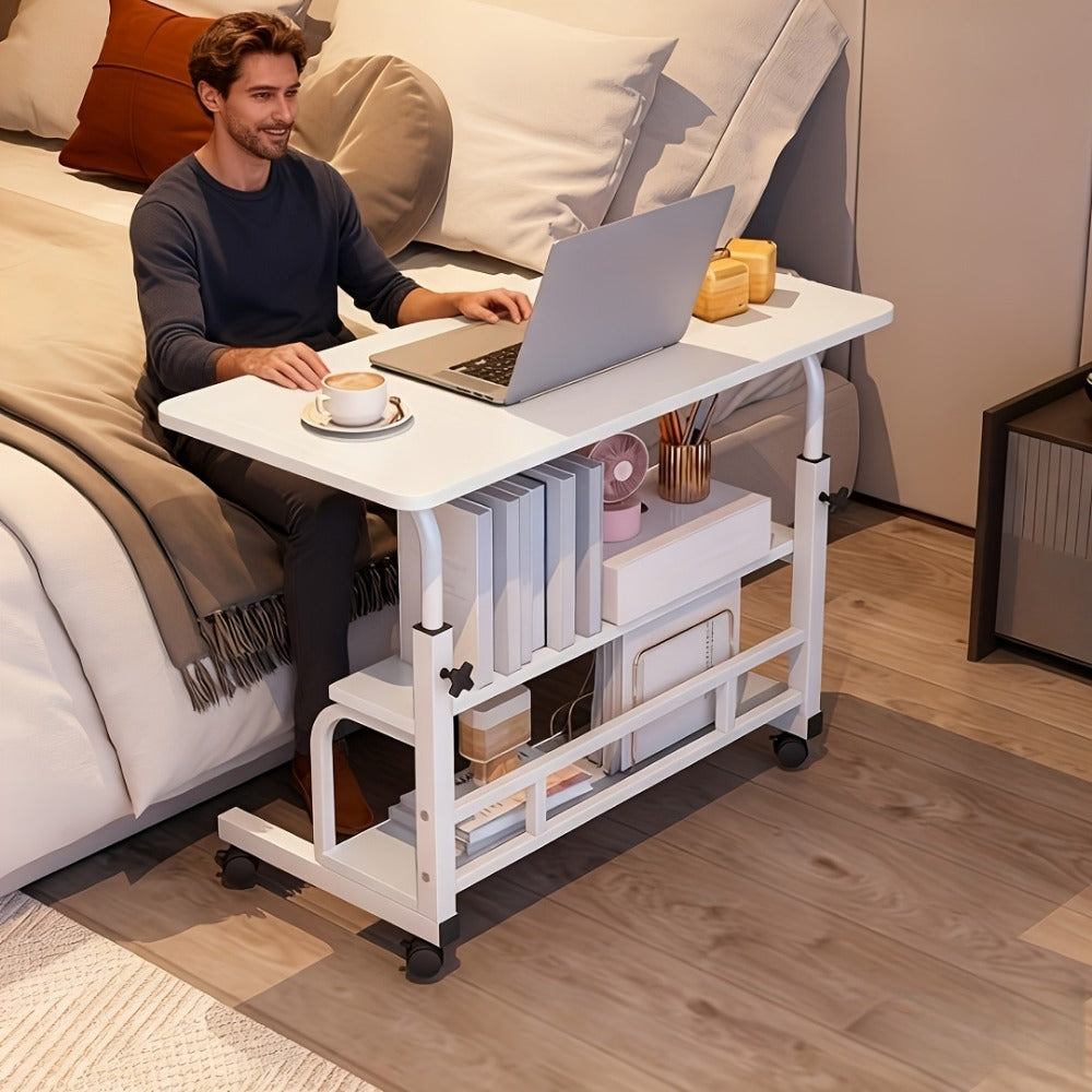 Mobile Computer Desk with Adjustable Height & Double-Layer Storage – Portable Gaming & Study Table for Students, Bedside Desk for Bedroom & Apartment