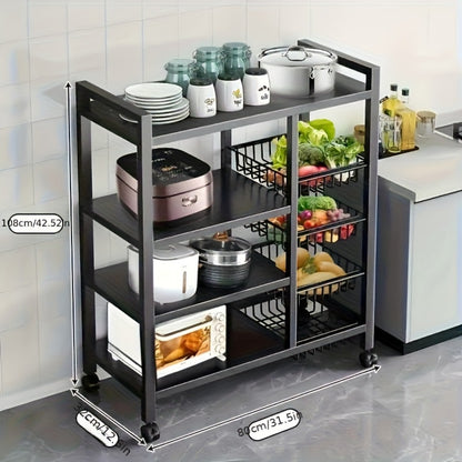 Rolling Metal Storage Rack with Wire Baskets, Adjustable Mobile Kitchen Storage Cart on Wheels, Multifunctional Food & Pantry Organizer for Kitchen, Bathroom & Pantry, Space-Saving Design