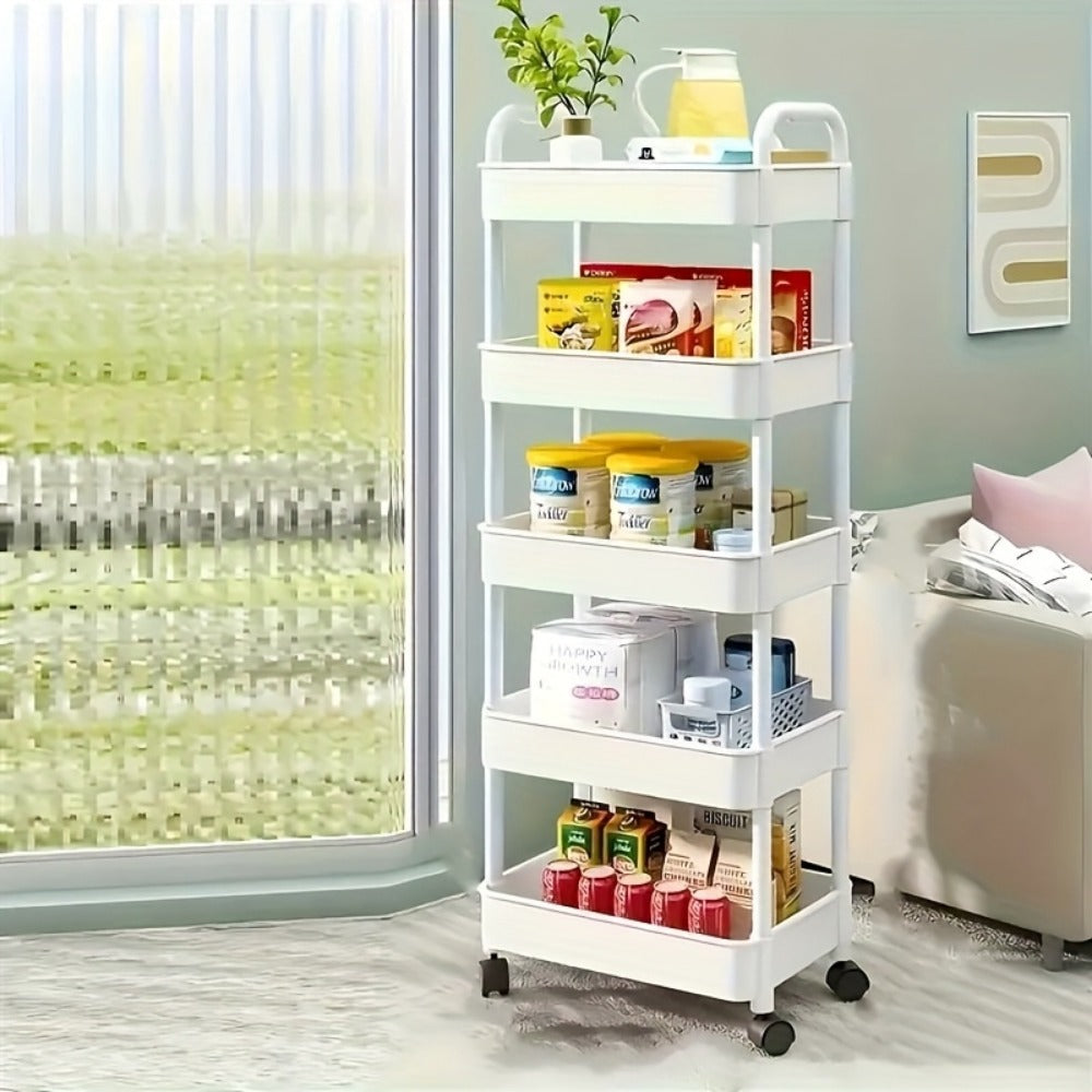 5-Tier Rolling Storage Cart with Wheels & Adjustable Shelves, Slim Plastic Organizer for Kitchen Bathroom Bedroom, Space-Saving Ultra-Thin Design, Multi-Use Mobile Shelf Unit