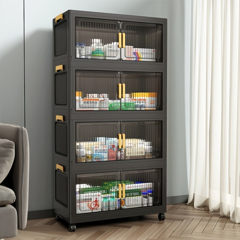 Stackable Medicine Cabinet 3-6 Tier Vertical Storage Cabinet with Lid & Casters, Portable Foldable Bathroom Storage Tower, Large-Capacity Organizer for Bathroom, Living Room & Small Spaces