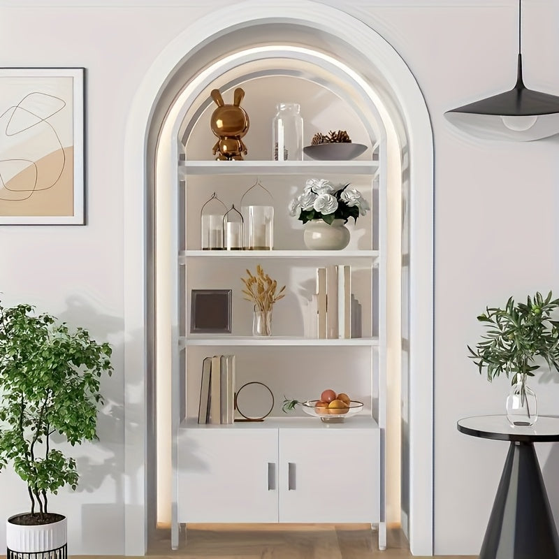 71" Industrial Arched Bookshelf with Doors - Sturdy Metal Frame, Freestanding Display Shelving Unit for Home & Outdoor Leisure