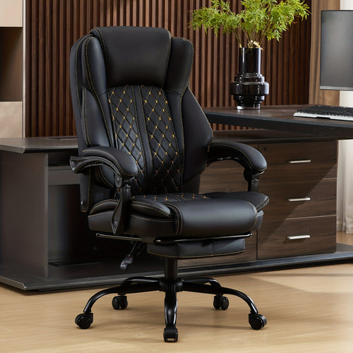 Big And Tall Office Chair, Leather Executive Office Chair with Foot Rest for Heavy People, Wide Ergonomic Comfy High-Back Reclining Computer Chair, Swivel Rolling Wheels And Padded Lumbar Support