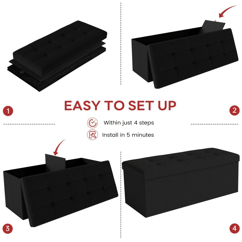 Storage Ottoman Bench with Storage Upholstered Leather & Linen 30 31.5 43.5 Inch Bedroom Living Room Entryway Closet Lift Top Hidden Compartment Footrest Seat Black Gray