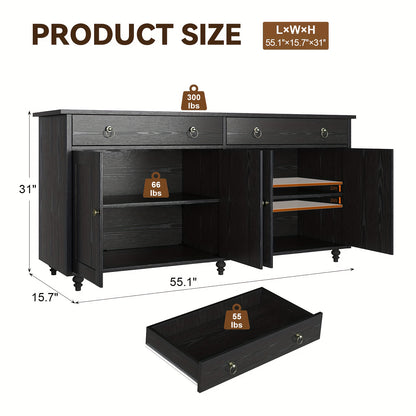 55" Buffet Cabinet, Coffee Bar with 4 Doors And 2 Drawers, Sideboard Cabinet with Adjustable Shelves, Coffee Bar Cabinet for Kitchen, Dining Room, Entryway, White/Black