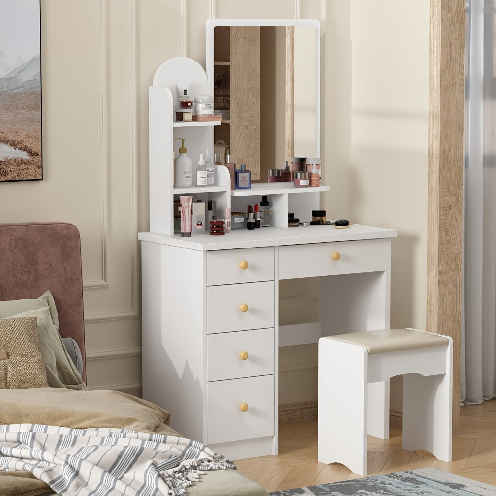 Vanity Desk Set with Large Mirror 5 Drawers Cushioned Stool and Storage Shelves 55 Inch Tall 70 Lbs Capacity Makeup Dressing Table with LED Light Option White Black